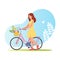 Young girl in summer dress with bicycle, with basket of flowers