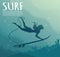 Young girl - surfer with surf board dive underwater with fun under big ocean wave.