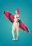 Young girl with surfing board. Woman in a bikini is holding a surfboard. Cartoon vector illustration on isolated