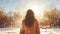 Young girl throwing snow in the air at sunny winter day, back view