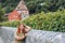 Young girl tourist and the oldest house in the Principality of Liechtenstein - Red House, medieval European architecture and a vin