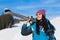 Young Girl Tourist Snowboard Ski Resort Snow Winter Mountain Happy Smiling Woman On Holiday