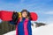 Young Girl Tourist Snowboard Ski Resort Snow Winter Mountain Happy Smiling Woman On Holiday