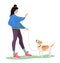 A young girl trains a dog. Vector illustration