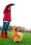 A young girl trains her dog to sit and jump