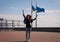 Young girl with Ukrainian and European union flags. free independent Ukraine