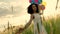 Young girl walking through a wheat field with colour balloons during sunset