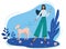 Young girl walks with a dog. Walk in nature. Walking the dogs. Active rest in the park. Vector illustration in a flat style. Cute