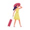 Young Girl Wearing Dress and Pulling Luggage in Hurry Up to the Train or Plane Vector Illustration