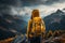 Young girl wearing a vibrant yellow jacket, arriving at the end of the hike, representing the spirit of adventure, accomplishment