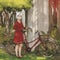 a young girl with white hair and brown eyes wering red dress and her red bicycle under the tree