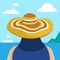 Young girl in wide brimmed hat looks at sea. Back view. Seascape, vacation at beach resort. Flat cartoon vector illustration