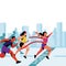 Young girl wins in city marathon. Vector flat illustration. Winner with red ribbon on finish line