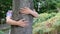 Young girl, a woman stands behind a tree, strokes the trunk and bark of a plant, the concept of Earthâ€™s energy, environmental