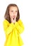 Young girl in yellow cute startled expression