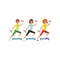 Young girls doing fitness exercise using dumbbells and step platform. Women in colorful sportswear. Cartoon people in