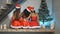 Young girls European, Asian and African in red New Year`s clothes and a hat sit on a bench at a Christmas tree holding in each