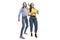 Young girls girlfriends in jeans dance emotionally. Festive cheerful mood. Isolated on a white background