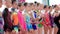 Young girls gymnasts in gym after final examination in Deriugina school