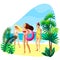 Young girls relax on the beach. ocean shore, palm trees, sky