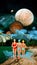 Young girls in swimming suits standing by the lake on cliff over giant planets in starry sky. Contemporary art collage.