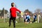 Young goalie during soccer match