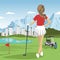 Young golfer girl standing with a golf club looking at lake, city and mountains
