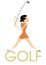 Young golfer woman stands on the word golf illustration