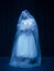 Young graceful balerina in image of ghost bride in art performance isolated on dark background in neon light.