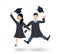 A young graduate man and woman jumping with certificate or diploma scroll.