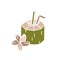 Young green coconut with straw, flower. Color hand drawn exotic drink, tropical cocktail, coco milk. Image for Pina Colada