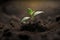 A young green sprout grows from fertile soil. Generative AI