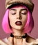 Young grunge style woman with pink hair in clear modern purple hat cap