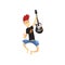 Young guitarist of rock band in jumping action. Guy with crazy hair wearing blue shorts and black t-shirt. Cartoon kid