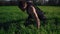 The young guy assiduously does push-ups on one hand. Complicated. Beautiful nature, meadow, clear sky. Overview footage