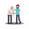 Young guy caring for senior man. Grandpa with walking stick and friendly volunteer. Social worker. Flat vector design