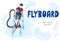 A young guy flies on a flyboard. Vector illustration. Summer sport