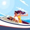 Young guy with a girl ride a boat on the sea on a sunny summer day. A girl makes selfie with her boyfriend on a moving