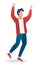 Young guy jumps with hands up, attract attention, dance, cheer for game. Flat image on white