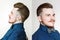 Young guy with pompadour haircut, dressed in blue shirt with a serious face. real photo hair for barbershop, set