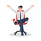 Young guy relaxed sitting meditates in an office chair. Raising hands up and laying his leg.