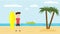 Young guy with surfboard on beach vector flat design. Surfer on sea beach on summer sunny day. Active vacation concept