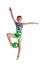 Young gymnast stand with green ball