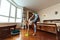 Young gymnast washes floors.