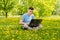 Young gyu freelincer at work on a laptop on a green grass and trees background