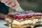 Young hand cutting a fresh raspberries cake with a knife. Powdered sugar