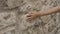 Young hand touching old stony wall outdoor. Close up teenager hand touching stony wall surface on old street at walk.