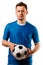 Young handsome football player holds in hands soccer ball posing on white isolated.