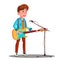 Young Handsome Guy Singing Into Microphone On Stage Vector. Isolated Illustration