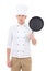 young handsome man chef in uniform with teflon frying pan isolated on white